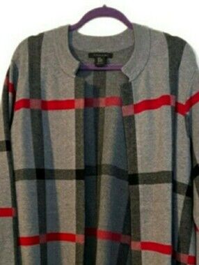 Tahari Woman Gray Plaid Open Cardigan with Red Accents, 3X